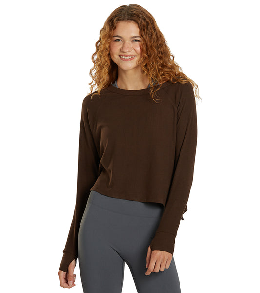Cream Yoga Fare Drop Shoulder Crop LS Tee at YogaOutlet.com - Free
