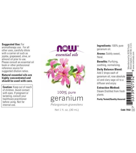 Now Foods 100% Pure Essential Oil, Geranium - 1 fl oz (30 ml) 