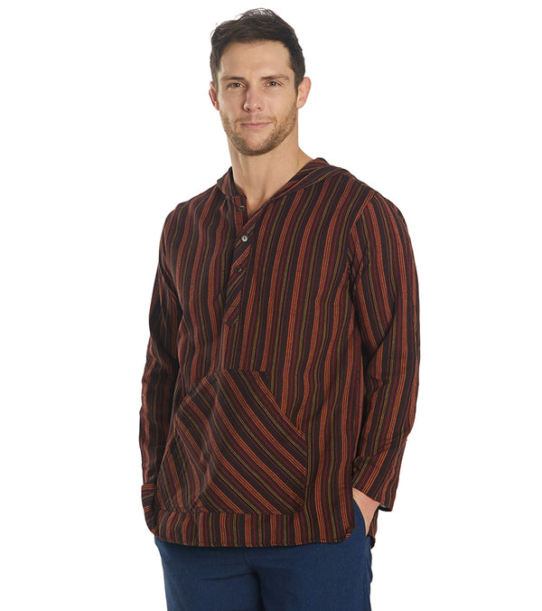 Yak & Yeti men's long sleeve shirt in maroon, designed for yoga practice. The shirt features a striped pattern, offering both style and comfort. Ideal for yoga enthusiasts seeking quality and aesthetics.