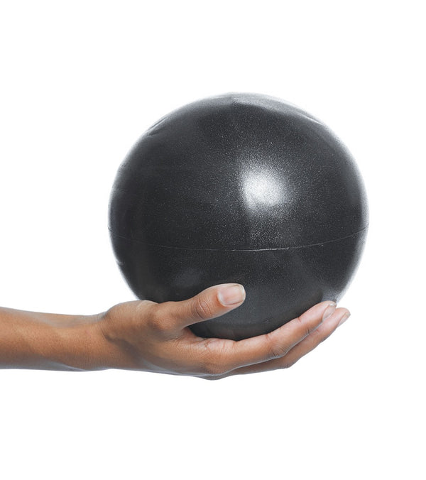 Sporti black exercise ball held in a hand, designed for competition swim training. Ideal for enhancing strength and endurance in aquatic workouts. Perfect for swimmers seeking to improve performance with high-quality training equipment.