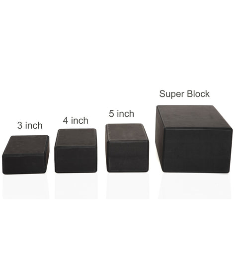 Everyday Yoga Foam Yoga Blocks in black, available in sizes 3-inch, 4-inch, 5-inch, and Super Block, ideal for enhancing stability and support during yoga practice. Durable and lightweight, these blocks are perfect for yogis of
