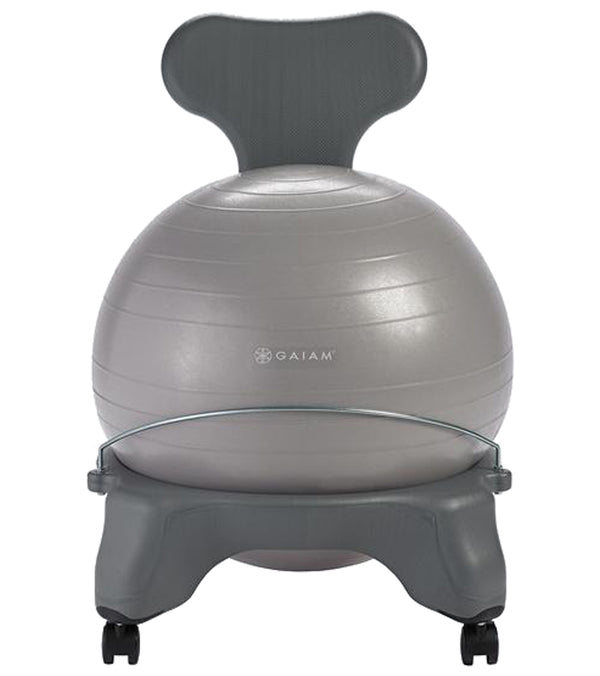 Gaiam Yoga Stability Ball Chair in Cool Grey, designed for enhancing posture and core strength during yoga or office use. This ergonomic chair features a stability ball with a supportive backrest and caster wheels for easy mobility. Ideal for yoga enthusiasts seeking a versatile
