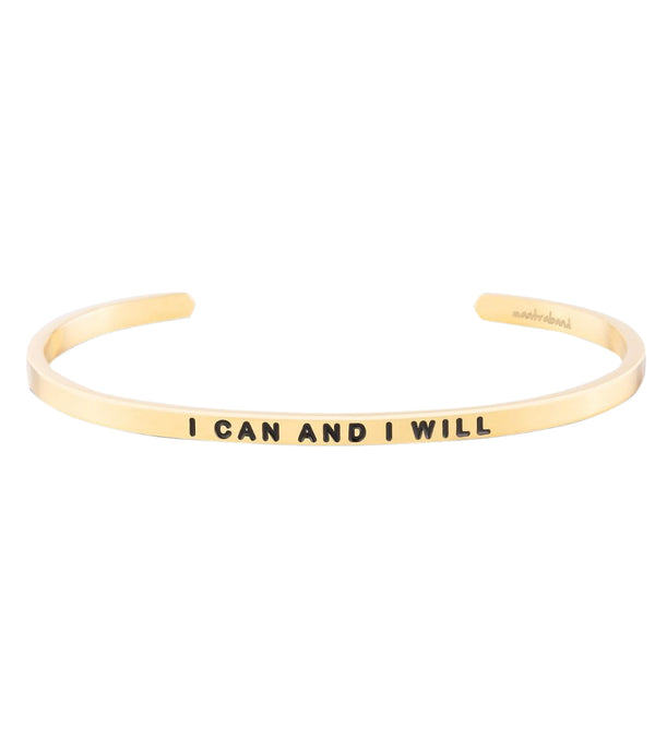 Yellow gold Mantraband bracelet with the engraved motivational phrase "I Can and I Will." Ideal for yoga enthusiasts, this elegant accessory serves as a daily reminder of positivity and determination. Perfect for those seeking inspirational yoga jewelry.