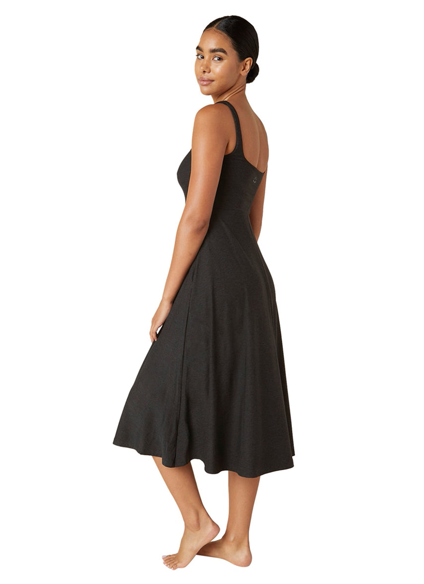 beyond yoga featherweight at the ready square neck dress sleeveless midi dress A-line Black Beaded Short Color:Heather Grey/Black tie-up