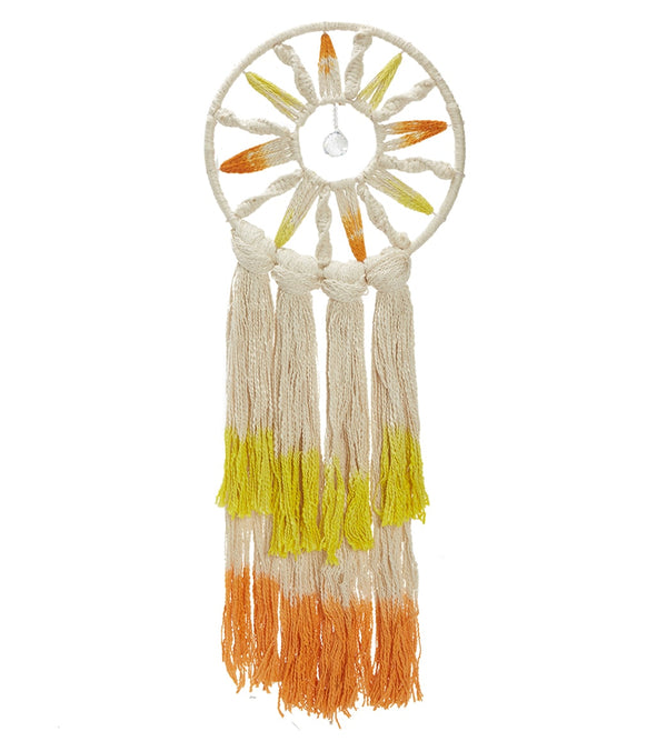 dZi tapestry featuring a vibrant multi-colored design, ideal for enhancing yoga spaces. The tapestry showcases intricate patterns with shades of orange, yellow, and white, adding a touch of elegance and tranquility. Perfect for meditation and spiritual decor.