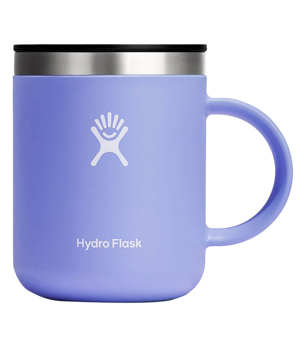 Hydro Flask Lupine mug designed for kitchen and yoga use, featuring a durable stainless steel rim and a pastel purple finish. This insulated mug maintains temperature for hot or cold beverages, ideal for active lifestyles. The Hydro Flask logo is prominently displayed on the