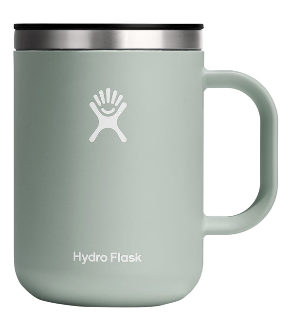 Hydro Flask coffee mug in agave green with a stainless steel rim, ideal for kitchen use and yoga enthusiasts. The mug features a durable handle and the Hydro Flask logo, offering excellent insulation for hot beverages. Perfect for maintaining drink temperature during yoga sessions