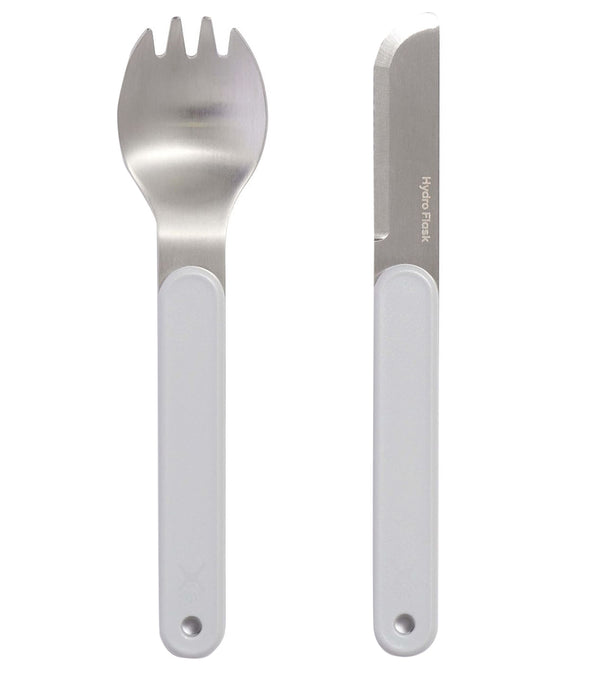 Hydroflask kitchen utensil set featuring a spork and knife in a sleek birch color, ideal for yoga enthusiasts and outdoor dining. The durable stainless steel design ensures long-lasting use, perfect for eco-conscious consumers. Enhance your kitchen collection with