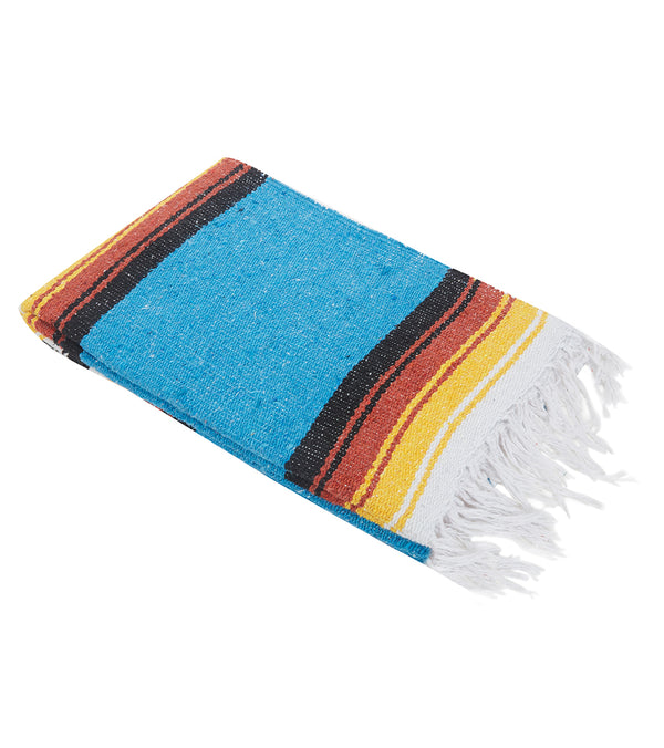 West Path Yoga Blanket in Sky Blue Sunset, featuring vibrant stripes in blue, red, yellow, and black, ideal for enhancing your yoga practice. This versatile and stylish blanket offers comfort and support for various yoga poses. Perfect for yogis seeking a blend