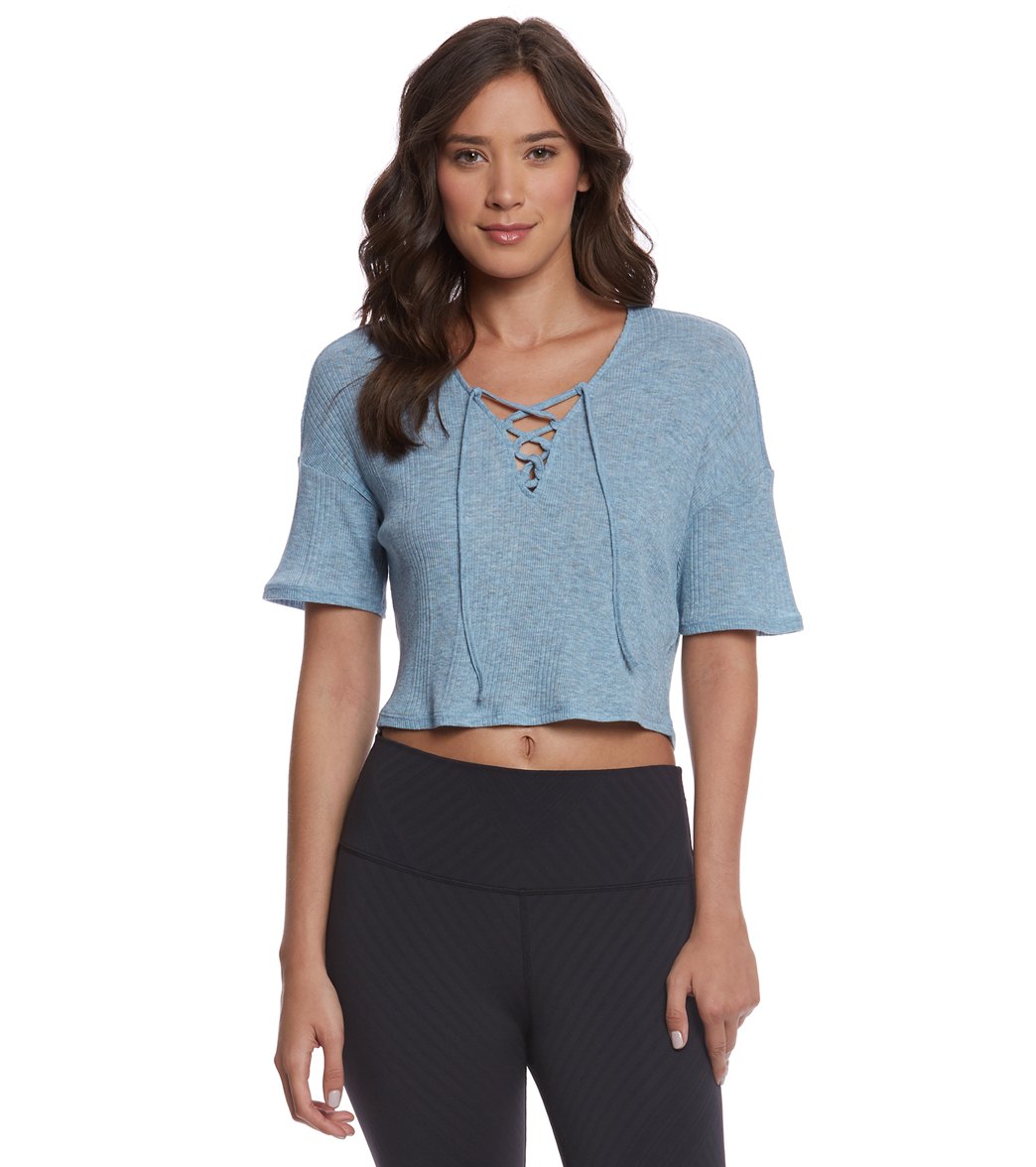Alo Yoga Interlace Yoga Short Sleeve Crop Top at YogaOutlet.com