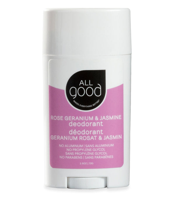 All Good Rose Geranium & Jasmine Deodorant in a white container with a pink label, designed for personal care. The product is free from aluminum, propylene glycol, and parabens, offering a natural choice for odor protection. The deodorant